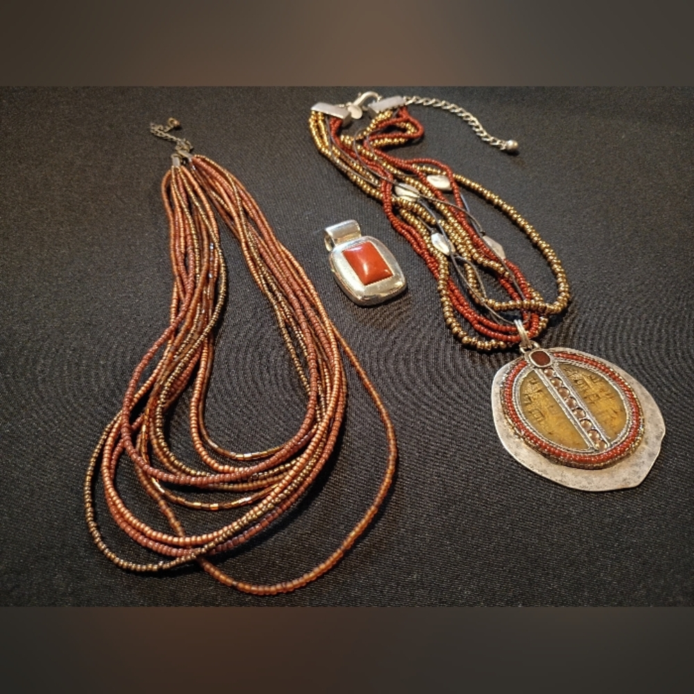 Handcrafted Brown and Gold Multi-Strand Bead Necklace with Pendant